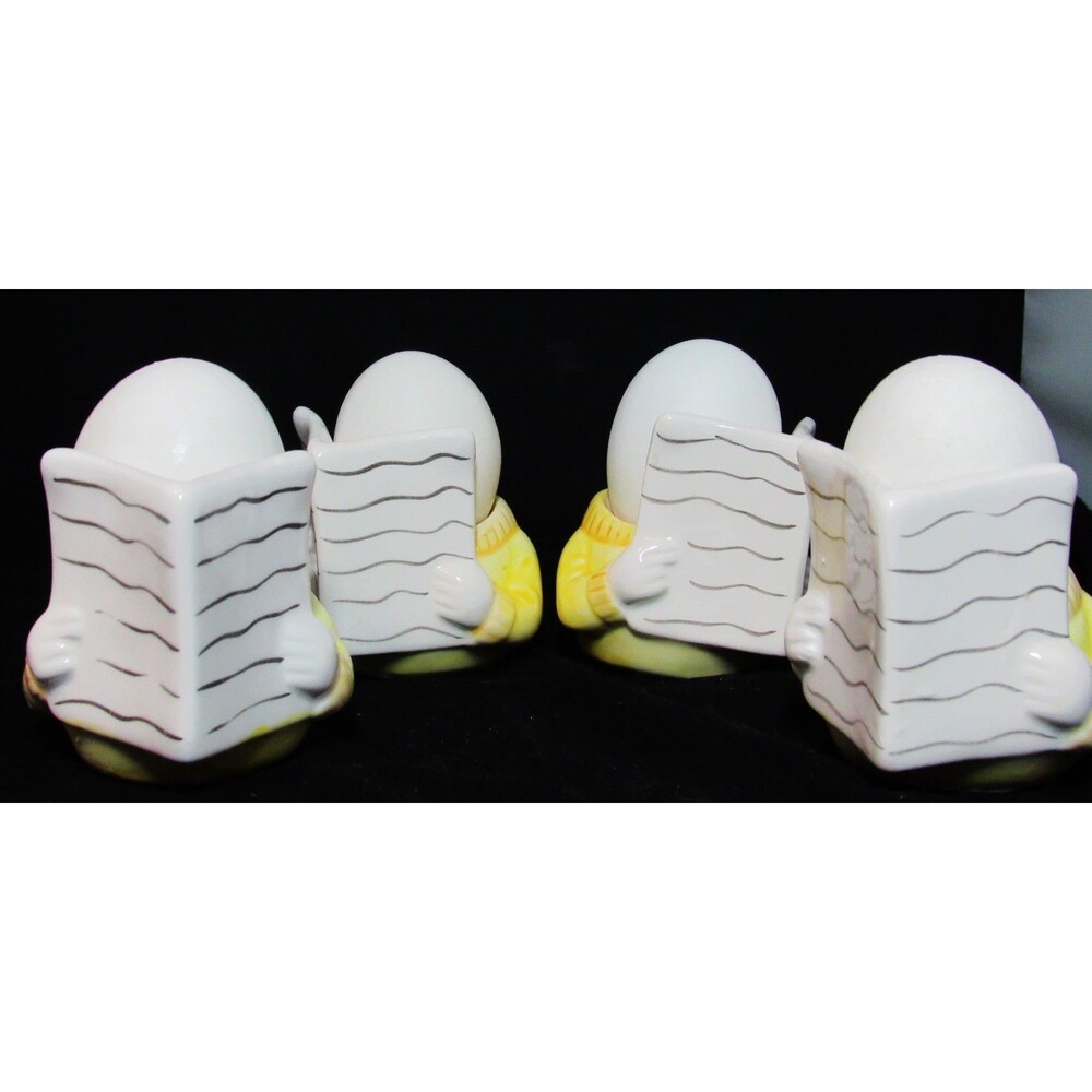 4 Vintage Faroy  Egg Cup Holders Pastel Yellow Sweater Reading Newspaper